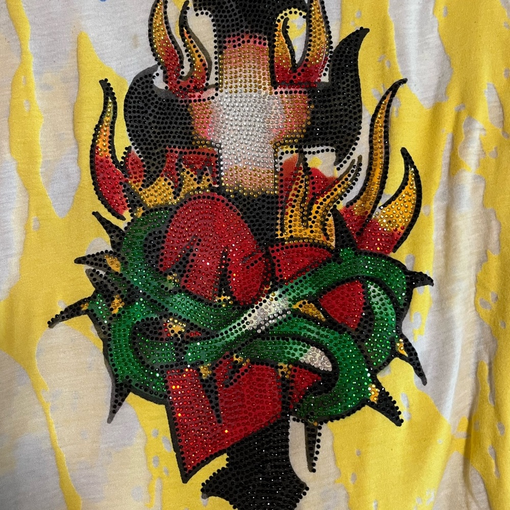 Ed Hardy sheer Tee with rhinestone Heart and Cross and Flames Design